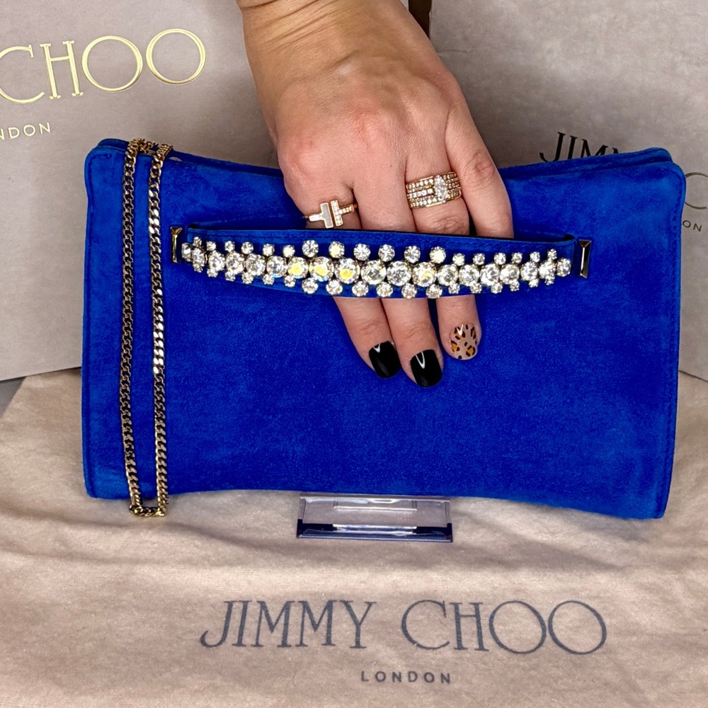 Jimmy Choo Venus Electric Blue Suede Clutch | Crystal Embellished | New - Picture 3 of 6